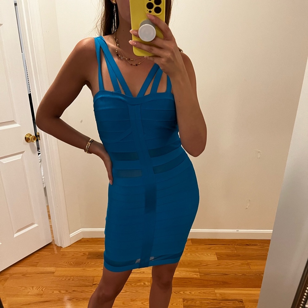 Bebe Blue Strap Bandage Mesh Dress
